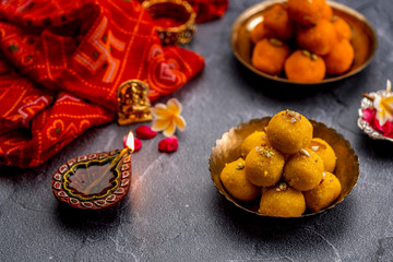 Motichoor Ladoo or Laddu - made from fine bundi, ball shaped sweets popular in indian subcontinent cooked with sugar, ghee or oil