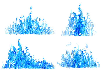 set of high blue flames isolated on white