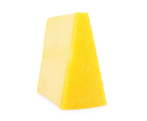 A piece of parmesan cheese on a white background