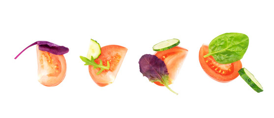 Cut vegetables for salad on white background