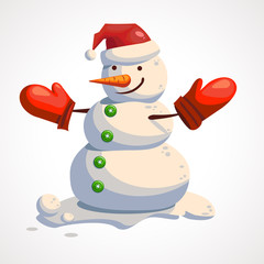 Cartoon happy snowman in Santa s gloves and hat