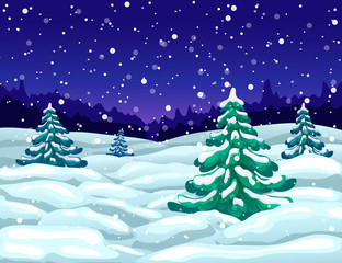vector winter wonderland night landscape with snowfall and snowy fir trees. winter snow falling scene. christmas magic night backdrop. dark blue xmas card template or winter holiday panoramic banner