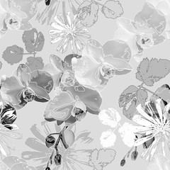 Seamless floral retro pattern. Gray orchids. Vintage.