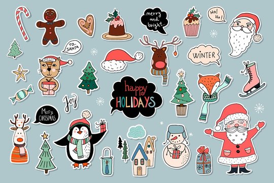 Christmas stickers/badges/magnets collection with seasonal elements, Santa, snowman and other funny characters, isolated