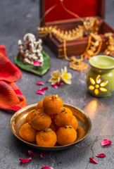 Motichoor Ladoo or Laddu - made from fine bundi, ball shaped sweets popular in indian subcontinent cooked with sugar, ghee or oil