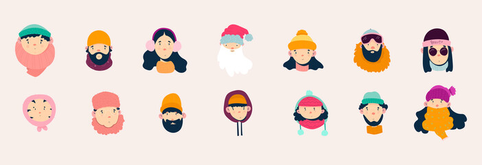 Various people and Santa Clause. Faces and heads. Cute hand drawn trendy vector illustrations. Eps 10.