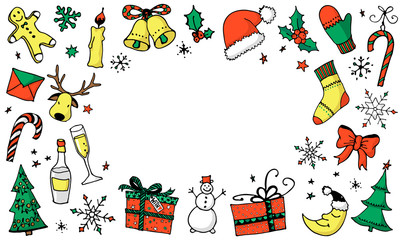 Christmas colorfull cartoon background with place for your text. Hand drawn x-mas symbols. Clip art for winter design. New Year doodle icons. Vector illustration