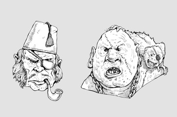 Funny pirate with monkey drawing. Corsair portrait illustration.