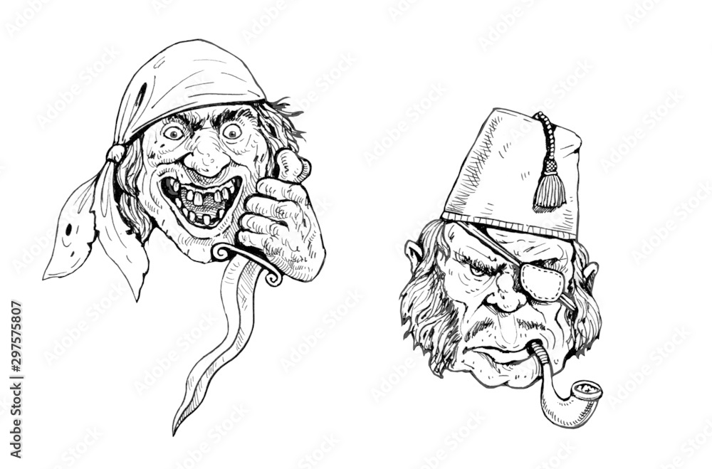 Wall mural Funny pirate with knife drawing. Corsair portrait illustration. Pirate icon and  mask. - Wall murals