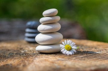 Fototapeta na wymiar White black stone cairns, poise light pebbles on wood stump in front of brown natural background, zen like, harmony and balance
