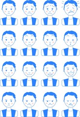 Vector illustration of blue icon set in flat line style. Set of different emotions male character. Handsome man emoji with various facial expressions. Vector illustration in cartoon style.