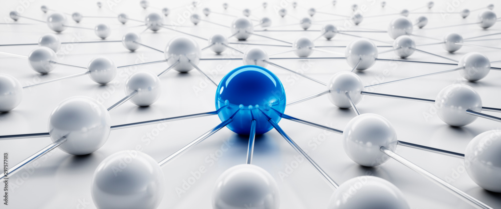 Wall mural blue and white sphere network structure - abstract design connection design - 3d illustration