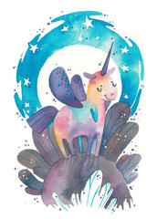 Little unicorn walking under the full moon.