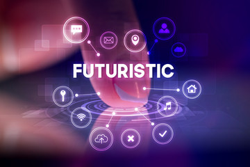 Finger touching tablet with web technology icons and FUTURISTIC inscription, web technology concept