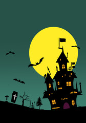 Halloween background material. Castle, bats and grave. ハロウィンの背景素材. 城、コウモリ、墓。