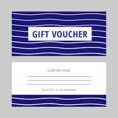 Elegant gift voucher with blue wavy background. Vector retro sea coupon template. Two sides. Standard scaled size: 210*99 mm (8,3*3,4 in)