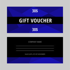 Elegant gift voucher template with black and blue polygonal background. Two sides. Vector coupon with sample text. Standard scaled size: 210*99 mm (8,3*3,4 in)