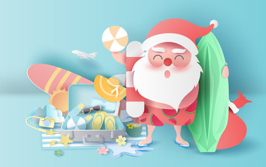 Summer Christmas season with suitcase concept.Santa Claus smile wearing beach suit travel swimming decoration.Holiday and vacation for Equipment playing relax.Graphic Paper cut and craft style.vector