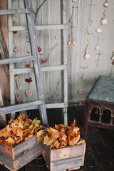 Cozy fall home interior in vintage style. Autumn still life.  Flat lay. home decor inspired by autumn.