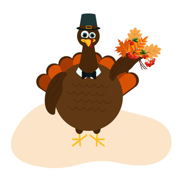 Illustration Turkey with a bouquet of autumn leaves and berries. Vector graphics
