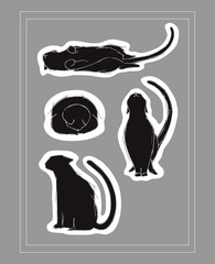 Silhouettes of cats, set of stickers. Sketch of cats. Pets. Drawing strokes.