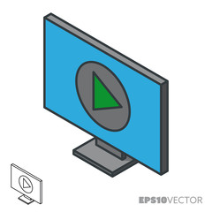 Flatscreen TV set isometric vector icon, outline and filled symbols