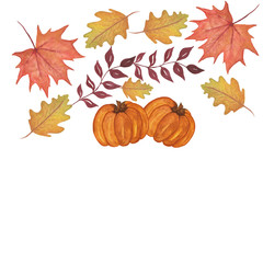 watercolor painting of autumn leaves and pumpkin isolated on white, autumnal decoration
