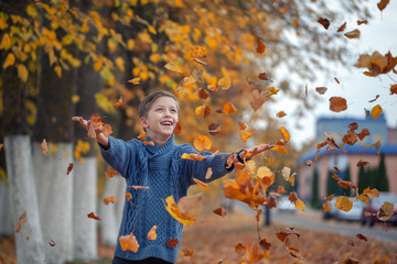 Handsome happy boy throwing the fallen leaves up, playing in the autumn park.