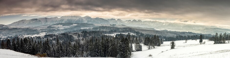 Beautiful winter mountain panorama with a view of the Tatra Mountains - obrazy, fototapety, plakaty