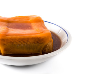 Typical Portuguese francesinha sandwich isolated on white background. Copy space