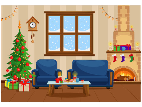 Vector illustration of Christmas living room with Christmas tree, gifts, chair, table with treats, snow-covered window and fireplace.