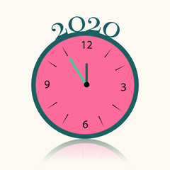 Wall Clock with peach and green colour and year 2020 countdown timer - 5 minute to 12 o'clock with shadow