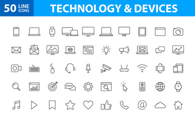 Fototapeta na wymiar Set of 50 Device and technology web icons in line style. Computer monitor, smartphone, tablet and laptop. Vector illustration.