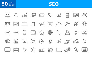 Set of 50 SEO and Development web icons in line style. Contact, Target, Website. Vector illustration.