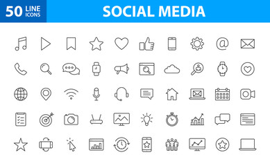 Set of 50 Social Media web icons in line style. Contact, digital, social networks, technology, website. Vector illustration.
