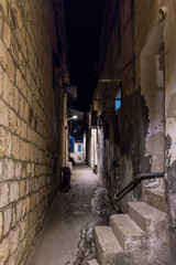 Night view of a quiet street in the old city of Safed in northern Israel