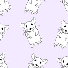 cute little rats seamless pattern on purple background, cartoon drawing funny pet, chinese zodiac animal, editable vector illustration for prints, decoration, wrapping paper