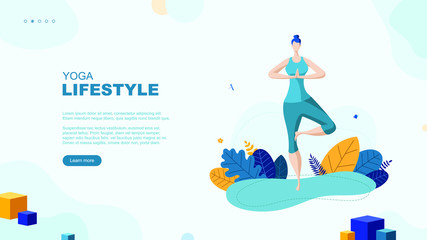 Trendy flat illustration. Yoga Lifestyle page concept. Girl doing yoga. Activity. Fitness. Template for your design works. Vector graphics.