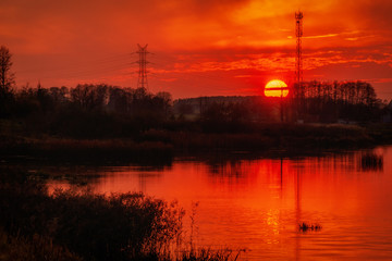 Plakat Zachód słońca nad zalewem w Turośni Kościelnej,Podlasie, Polska