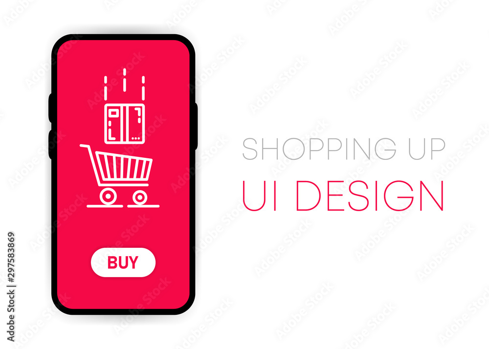 Poster mobile shoping app ui vector mockup on smartphone screen. social network design template. vector ill