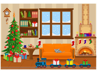 Vector room prepared for the celebration of new year and Christmas. Interior with Christmas tree, fireplace, furniture and treats for the holiday.