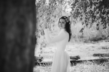 Autumn golden time, portrait of modest girl from next door, outdoors 