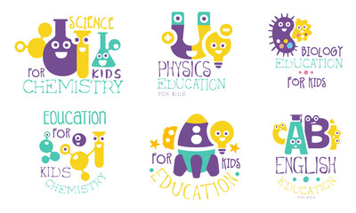Set of school items logos cartoon vector illustration
