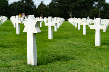 view of headstones in the American Cemetery at Omaha Beach in Normandy