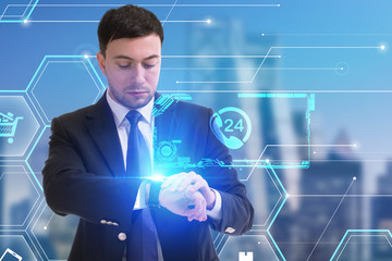 The concept of business, technology, the Internet and the network. A young entrepreneur working on a virtual screen of the future and sees the inscription: