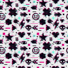 Glitch seamless pattern with video games element. Gamer vector background. Futuristic texture with glitchy effect.