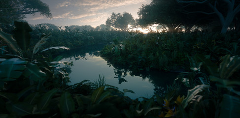 Schöner Sonnenuntergang im Dschungelparadies. Dichte Regenwaldvegetation und ruhiger Fluss. 3D-Rendering. © malp