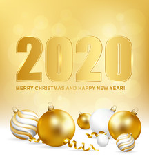 2020 Merry Christmas and Happy New Year greeting illustration with balls and snow. Vector illustration.