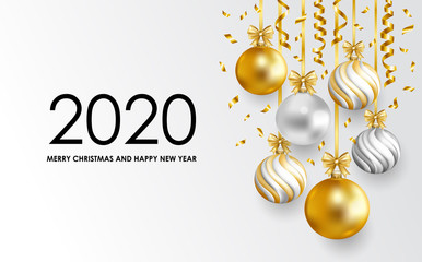 2020 Merry Christmas and Happy New Year card with balls and serpentine. Vector illustration.