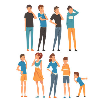 People think about something in different clothes and ages cartoon vector illustration